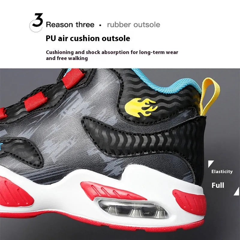 Children's rotating button basketball shoes in multiple colours with waterproof synthetic leather construction