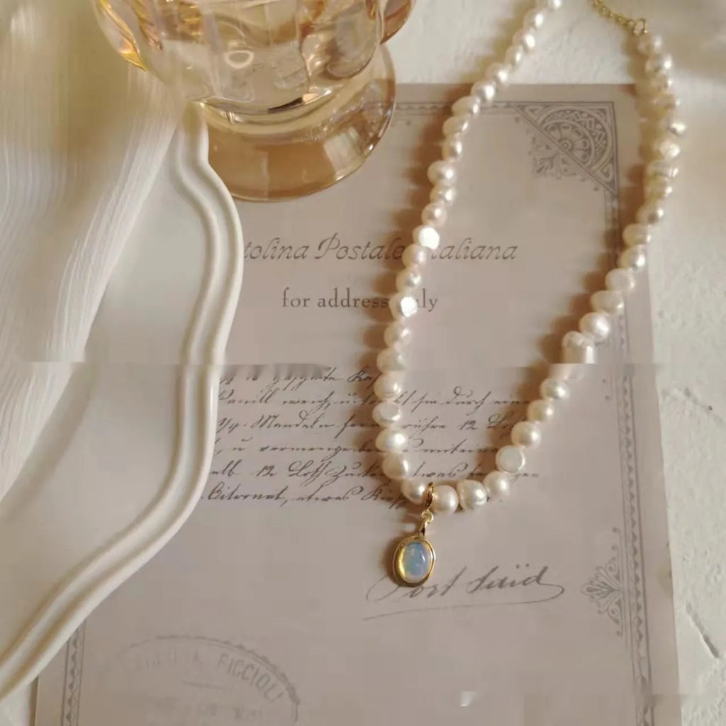 French Court vintage pearl necklace with geometric pendant on adjustable chain