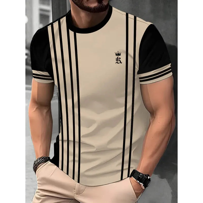 Men's loose fit casual t-shirt with 3D printed striped pattern on polyester fabric.