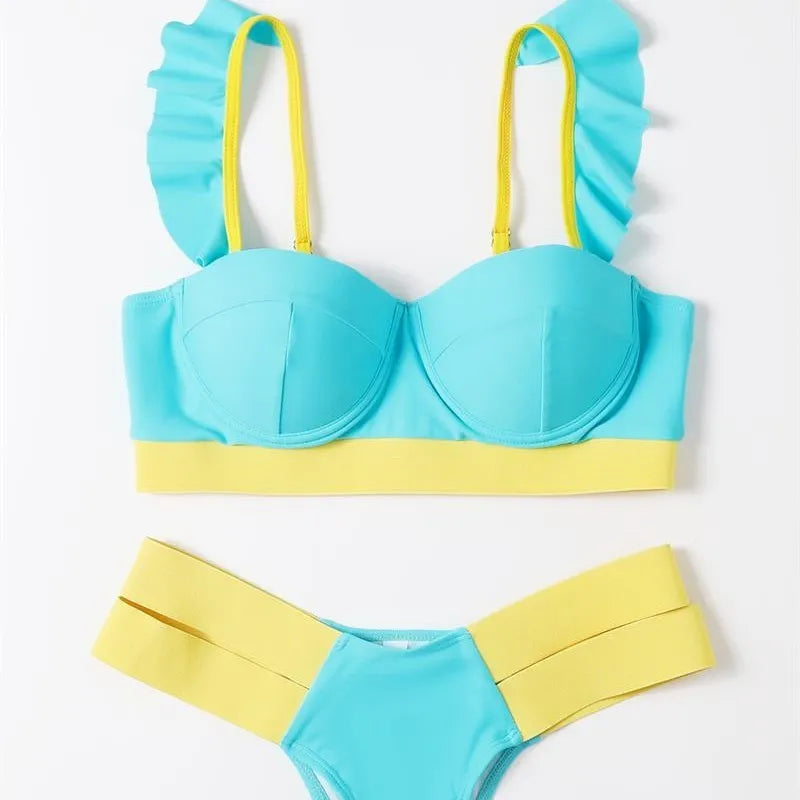 Women's black and blue contrast colour bikini with steel push-up bracket.