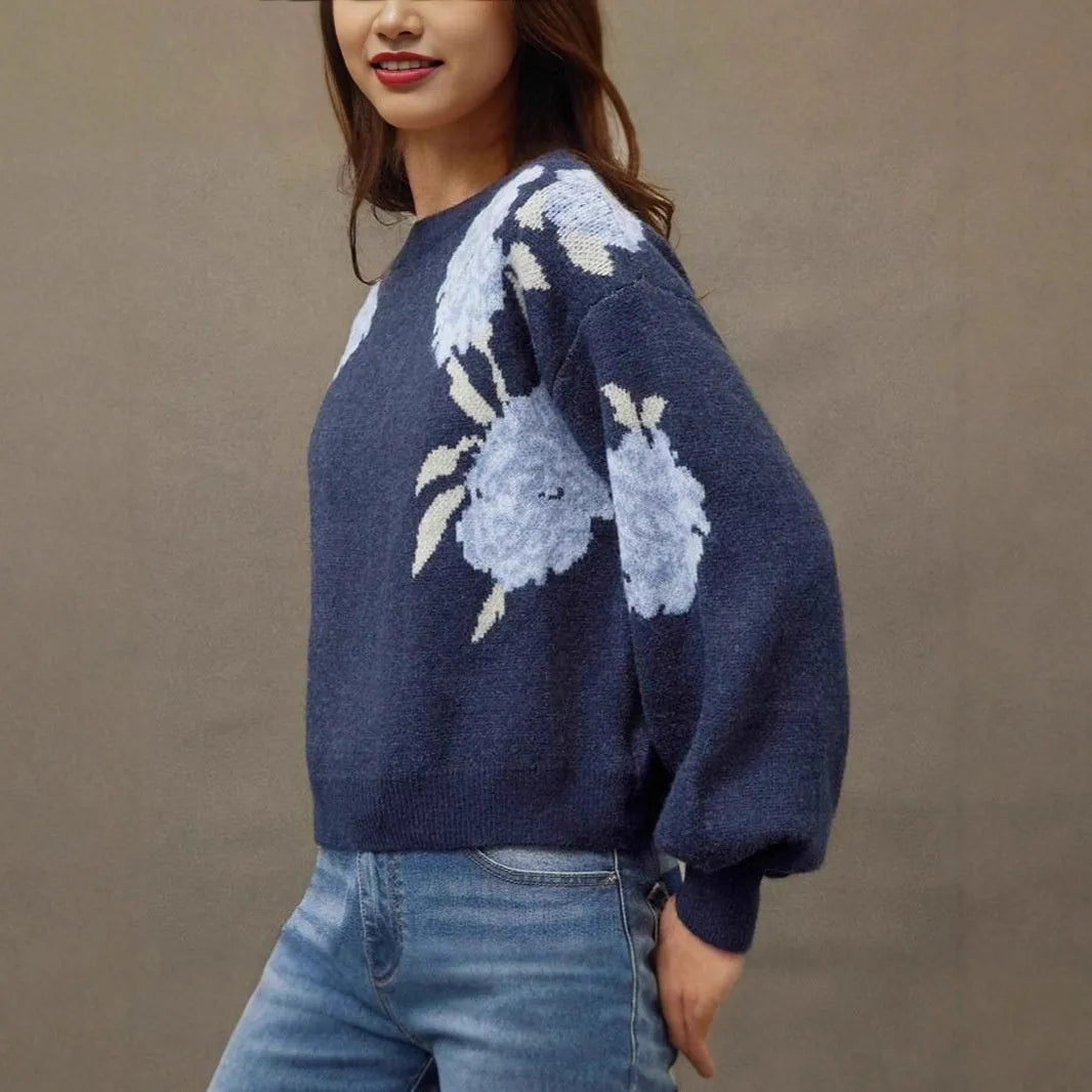 Sapphire Blue women's loose pullover with woven floral jacquard pattern and off-neck collar.