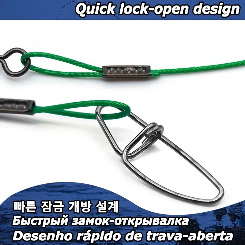 Set of ten green anti-bite steel wire fishing leaders with double buckle pins, each 54cm long.