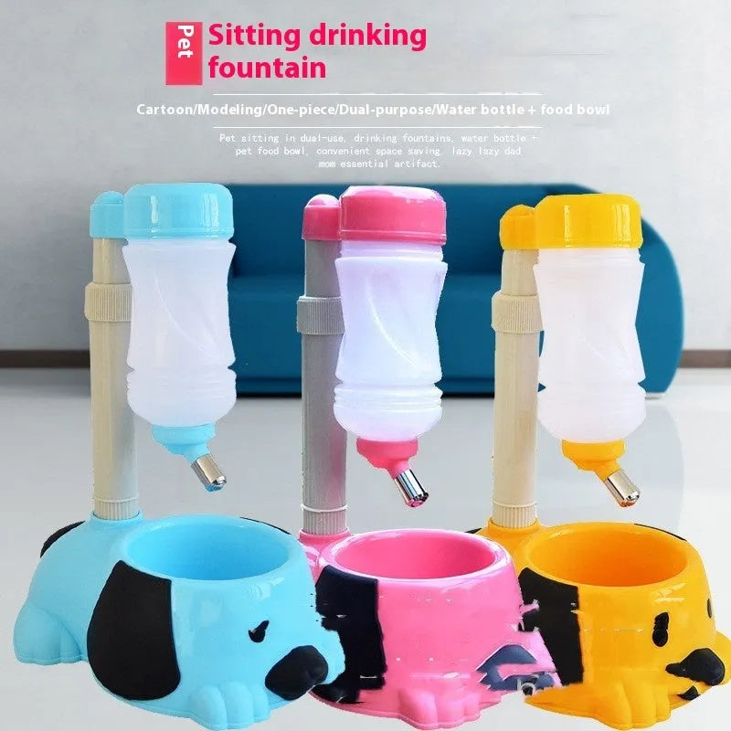 Adjustable plastic pet water dispenser with rod-lift mechanism in blue, pink or yellow colour options