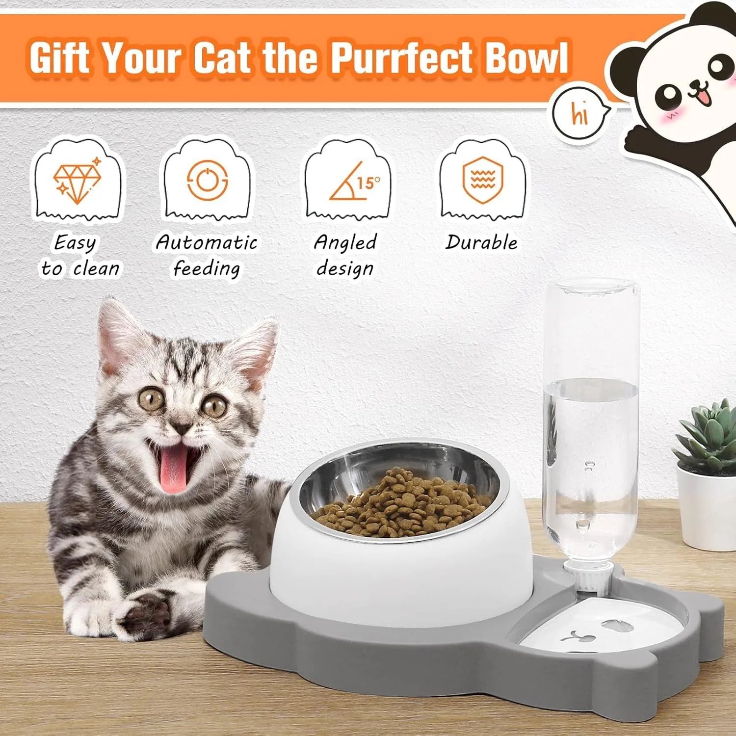 Grey panda-shaped tilted pet feeder with automatic water bottle for cats and small dogs