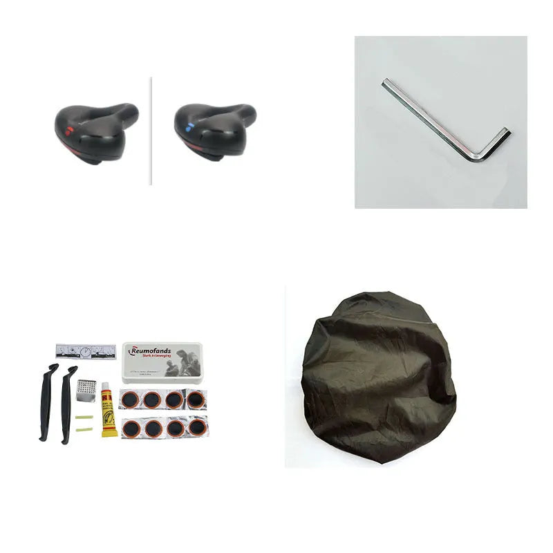 Thick soft silicone bicycle saddle with steel springs, PU leather cover, waterproof cover, wrench, and tyre patch kit.
