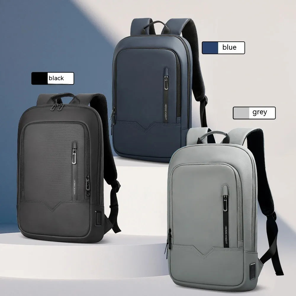 Men's business backpack in Oxford cloth with USB interface, solid colour, gray or blue, under 20L
