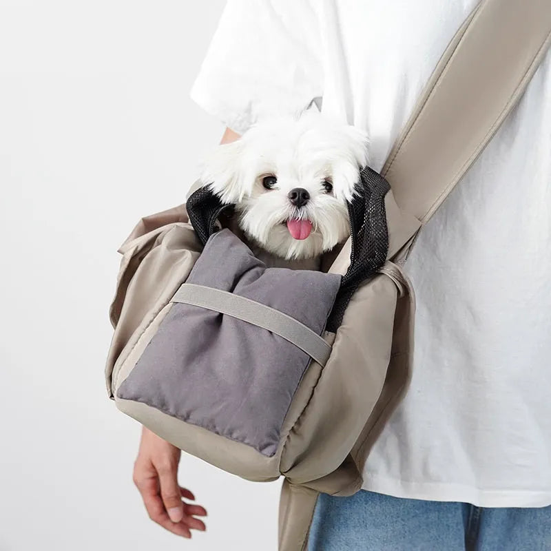 Apricot cloth pet carrier handbag showing 41x16x28cm dimensions and carrying handles