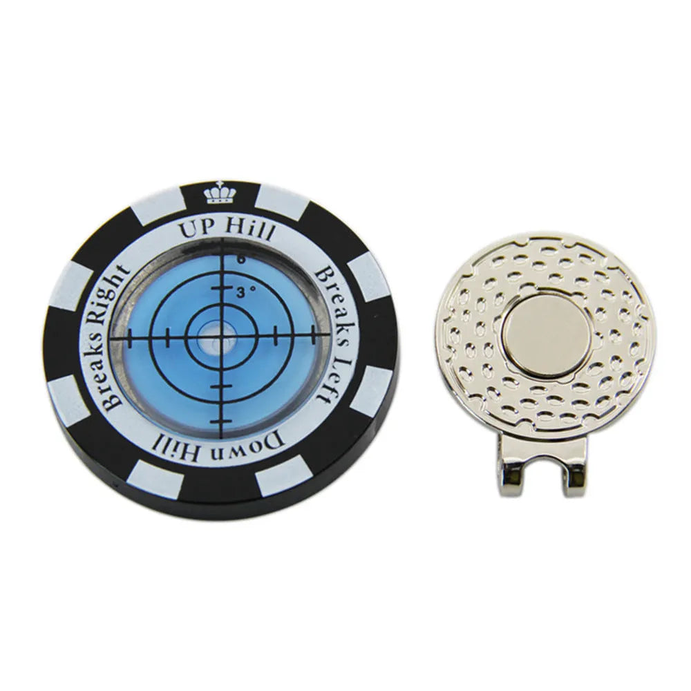 Golf level tool with clip for hat attachment showing position mark indicator