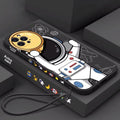 Silicone iPhone case with cartoon astronaut and starry sky design in black, khaki, or blue