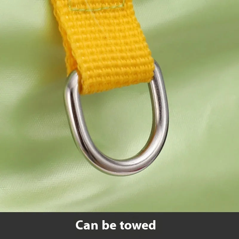 Green waterproof four-legged cotton-padded dog coat on canine model showing full leg coverage