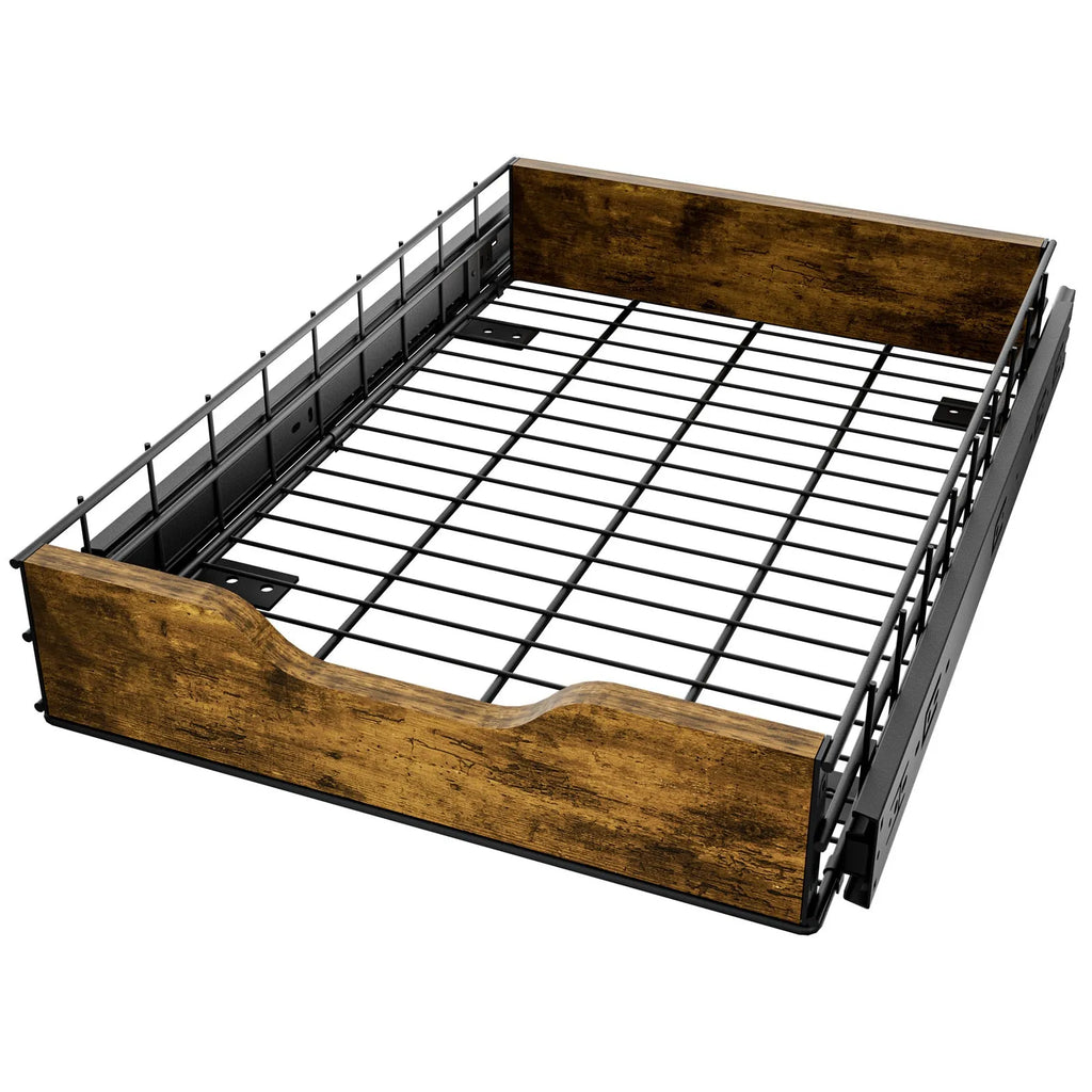 Black household storage rack with a wood and iron frame and a pull-out basket drawer.