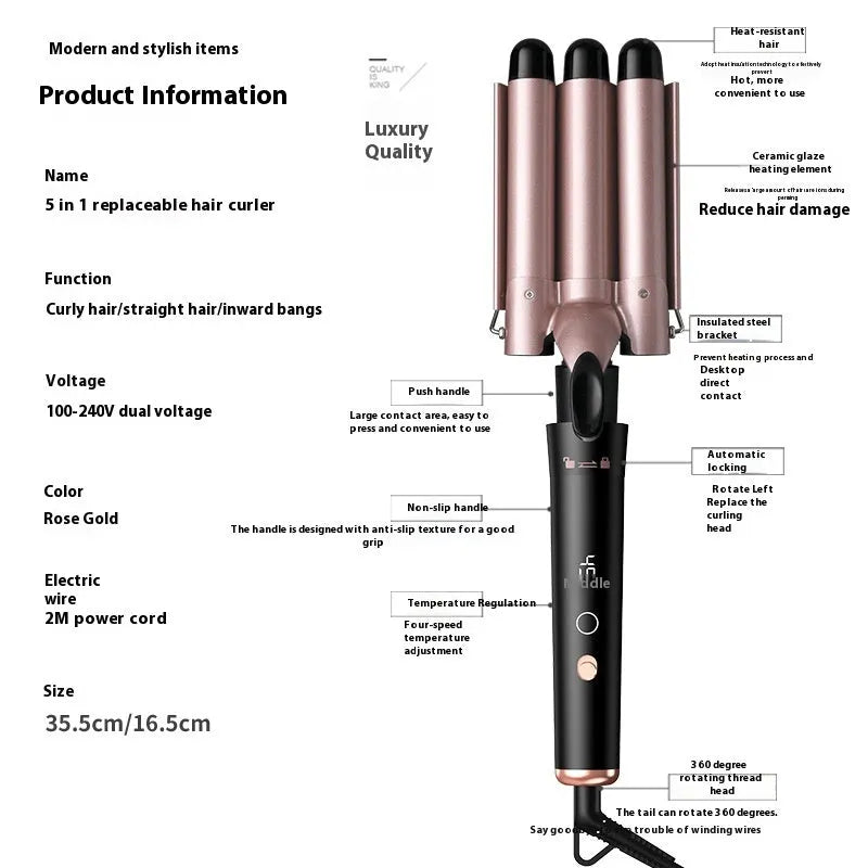 Rose gold five-in-one tube replacement hair curler with LCD screen and negative ion technology