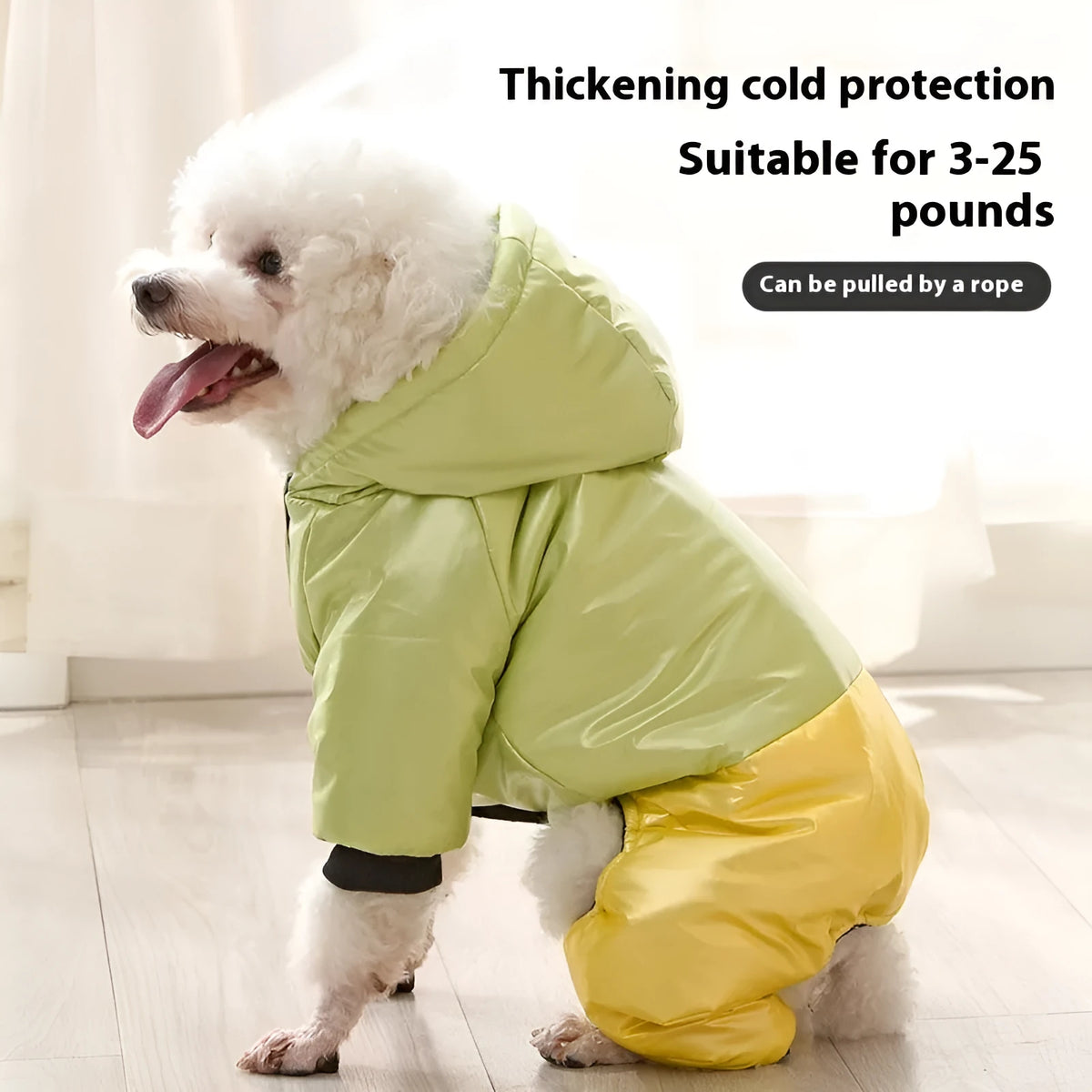 Green waterproof four-legged cotton-padded dog coat on canine model showing full leg coverage