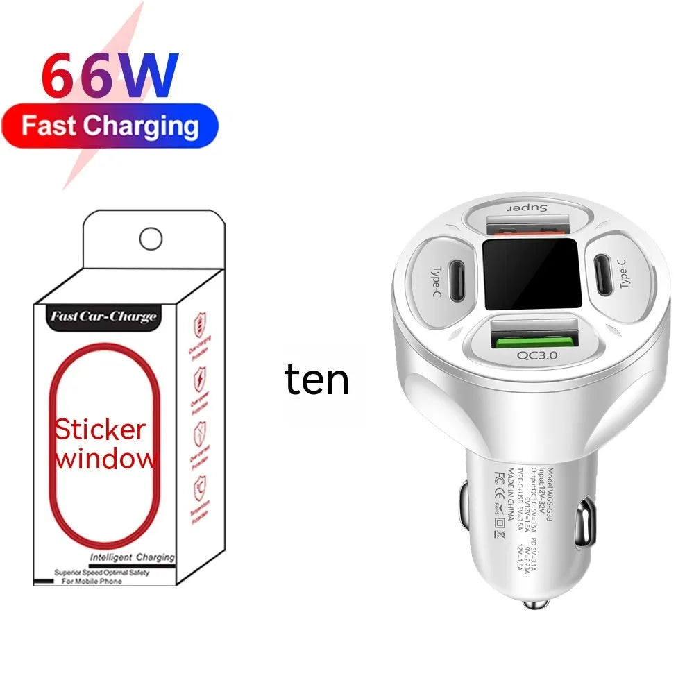 66W digital display car charger with two USB and two Type-C ports showing voltage readout