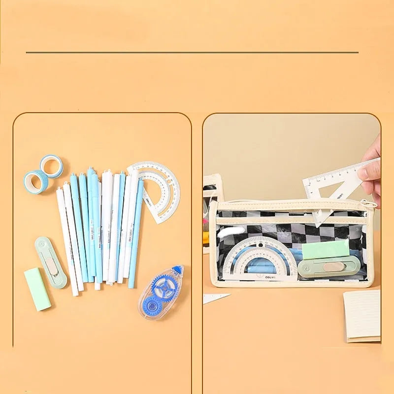 Transparent PVC pencil case with chessboard grid pattern showing pens inside, measuring 21.5cm long