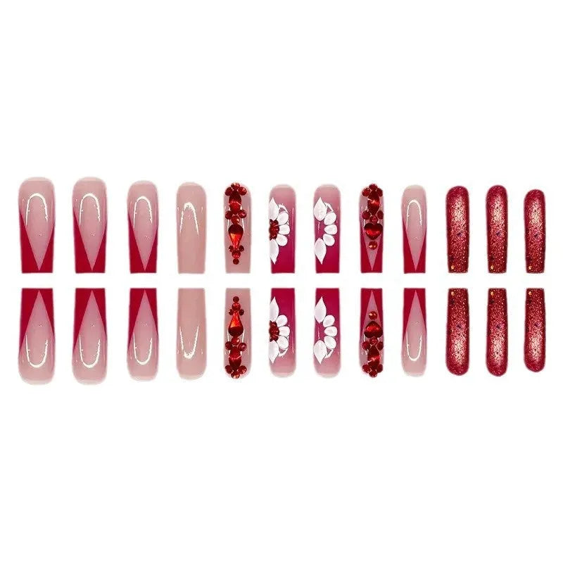 Sweet flowers temperament prismatic red diamond removable fake nails set with European square shape