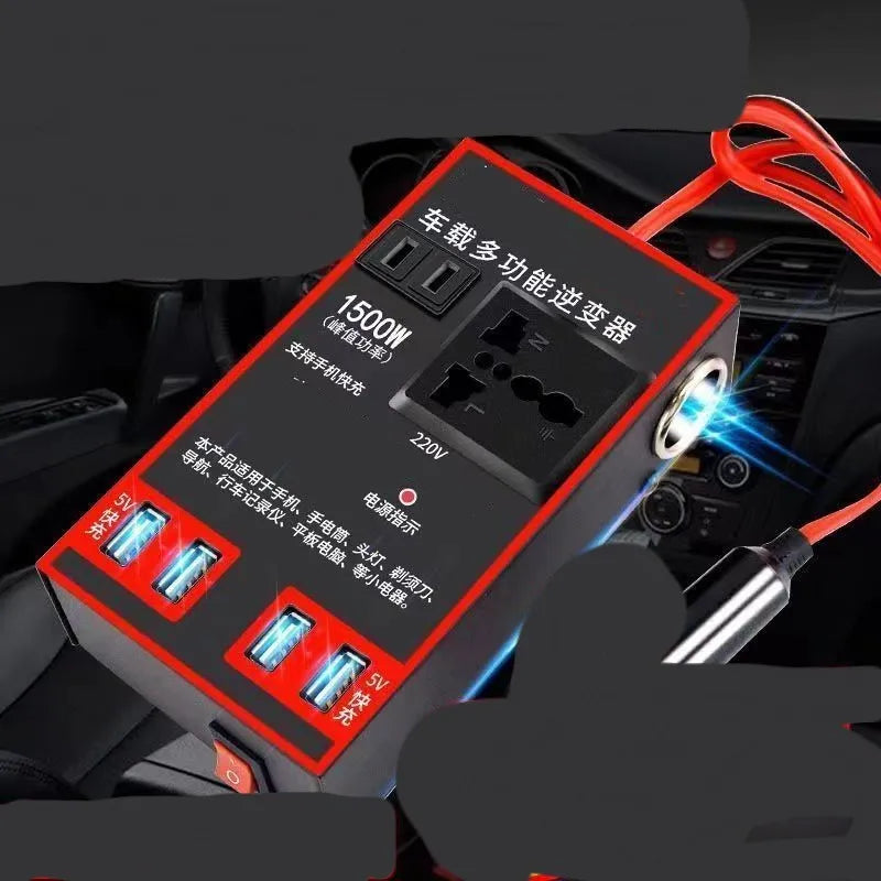 Black 12V/24V to 220V car power converter with AC socket and four USB charging ports