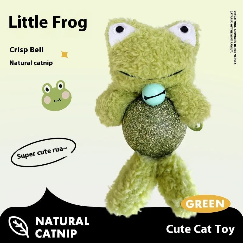 Plush cat toy with catnip ball and bell in brown bear, pink rabbit, piyopiyo or green frog colours