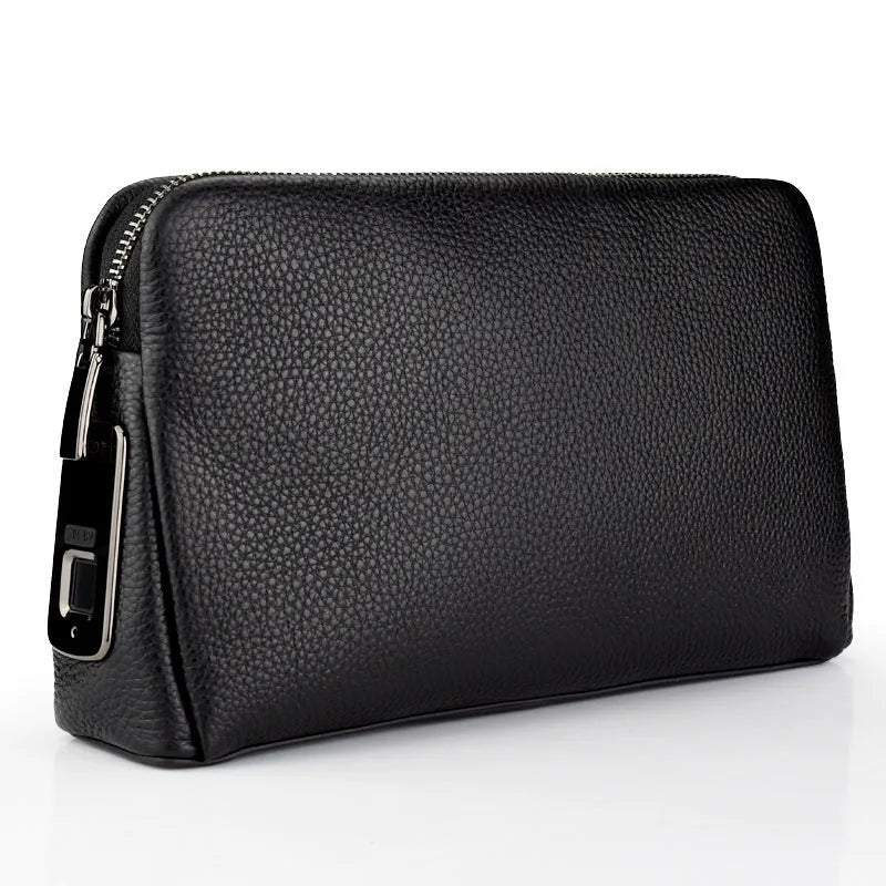 Black first layer cowhide men's fingerprint clutch wallet with zip opening and Type-C charging