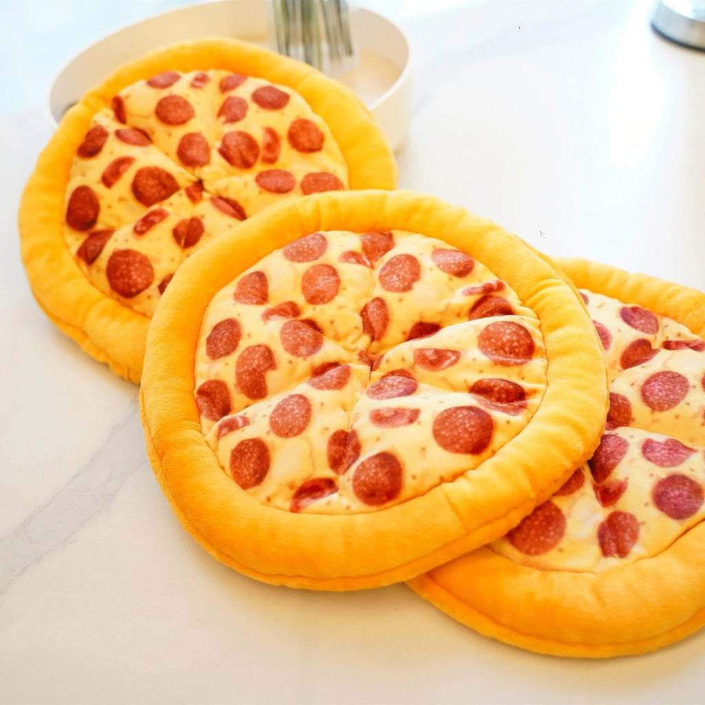 Yellow teddy bear dog chew toy with pizza design details for interactive play and dental care