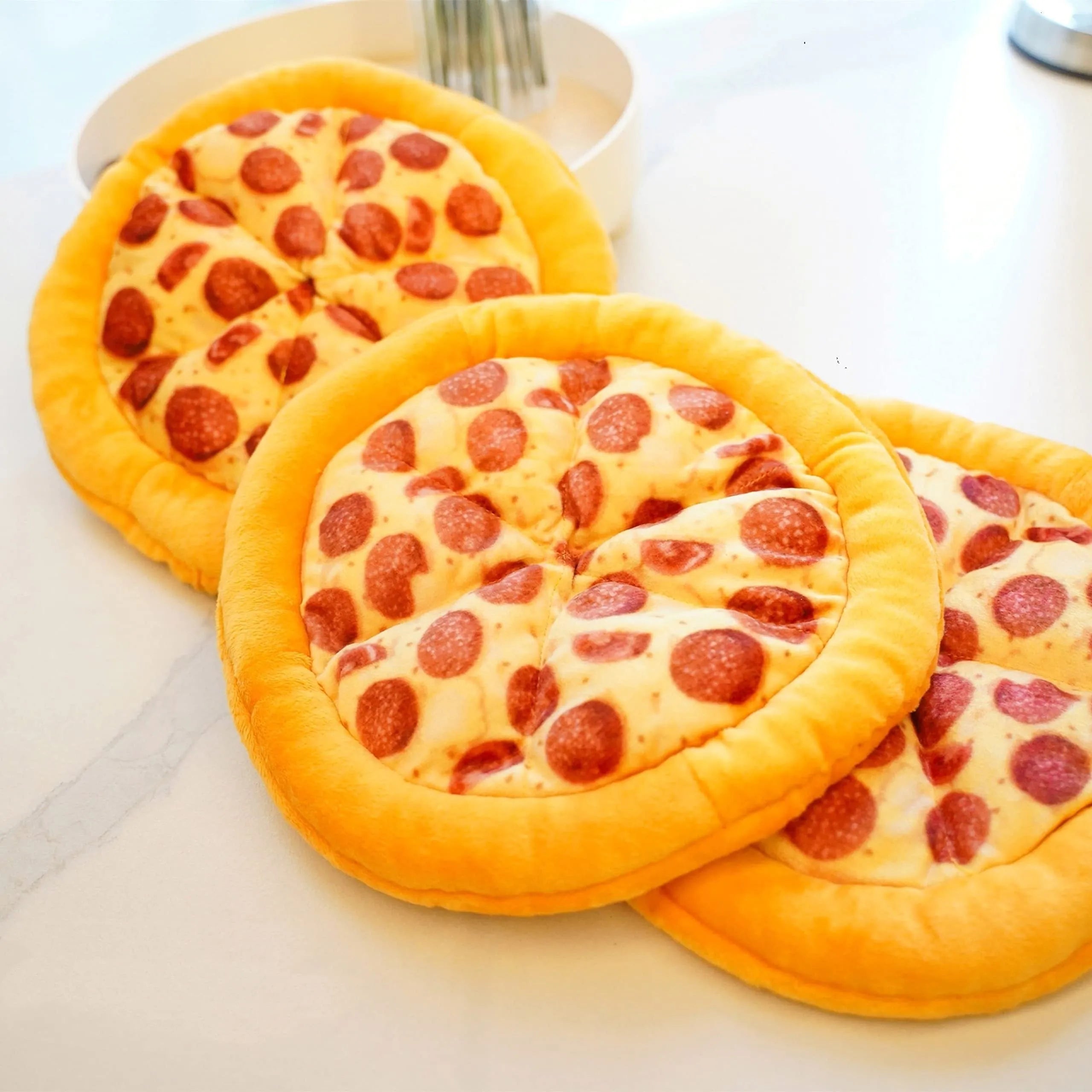 Yellow teddy bear dog chew toy with pizza design details for interactive play and dental care