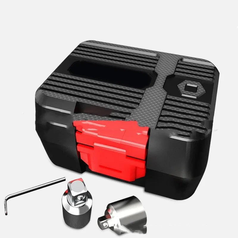 Digital torque meter with LCD screen and 1/2 inch drive, part of a three-piece metal toolkit.