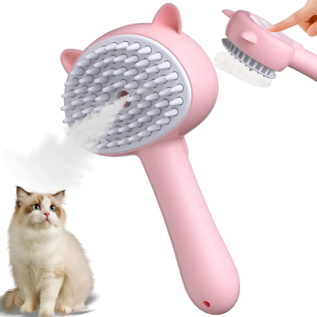 Blue pink yellow cat steam brush with ergonomic handle and release button for pet grooming