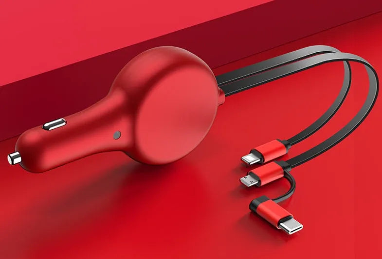 Retractable car charger with extended cables showing dual charging ports and compact design