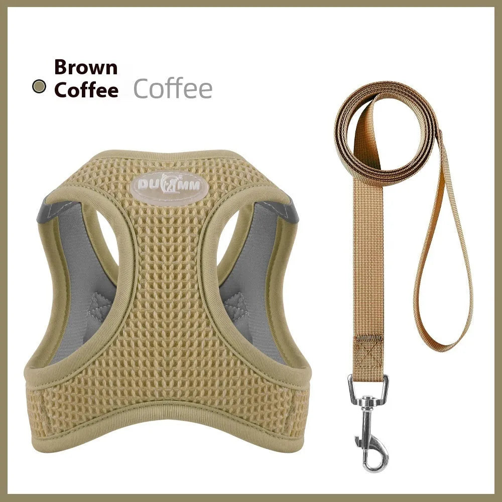 Brown waffle cloth pet harness chest strap with hand holding rope for small dogs