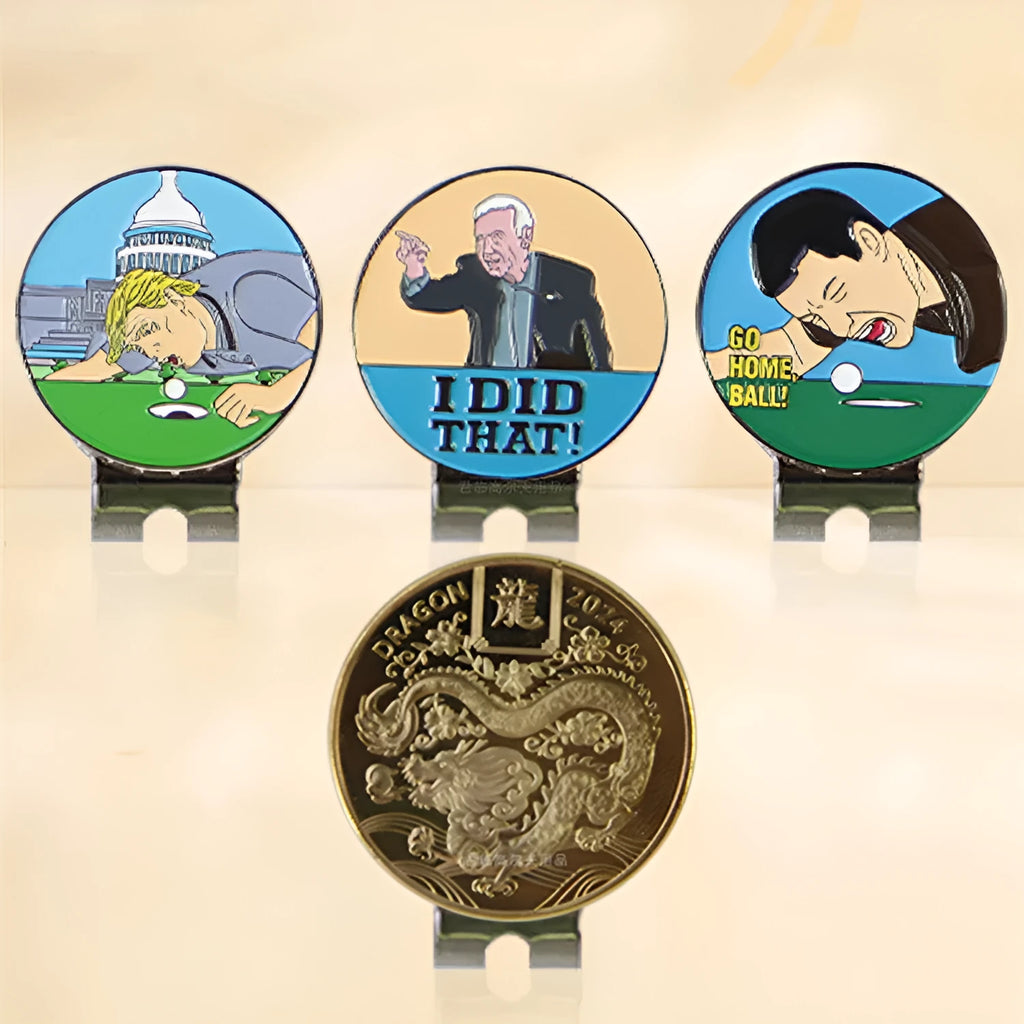 Close-up of a zinc alloy golf hat clip with a personalised Dragon Year stamped pattern.