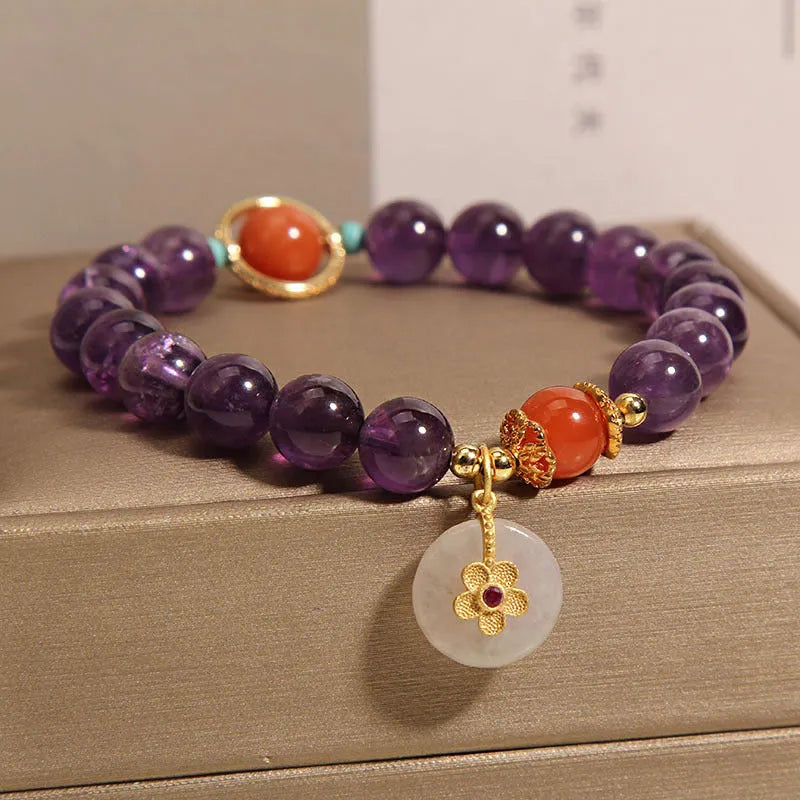Amethyst crystal bracelet for women with jade safety knot and small flower inlay