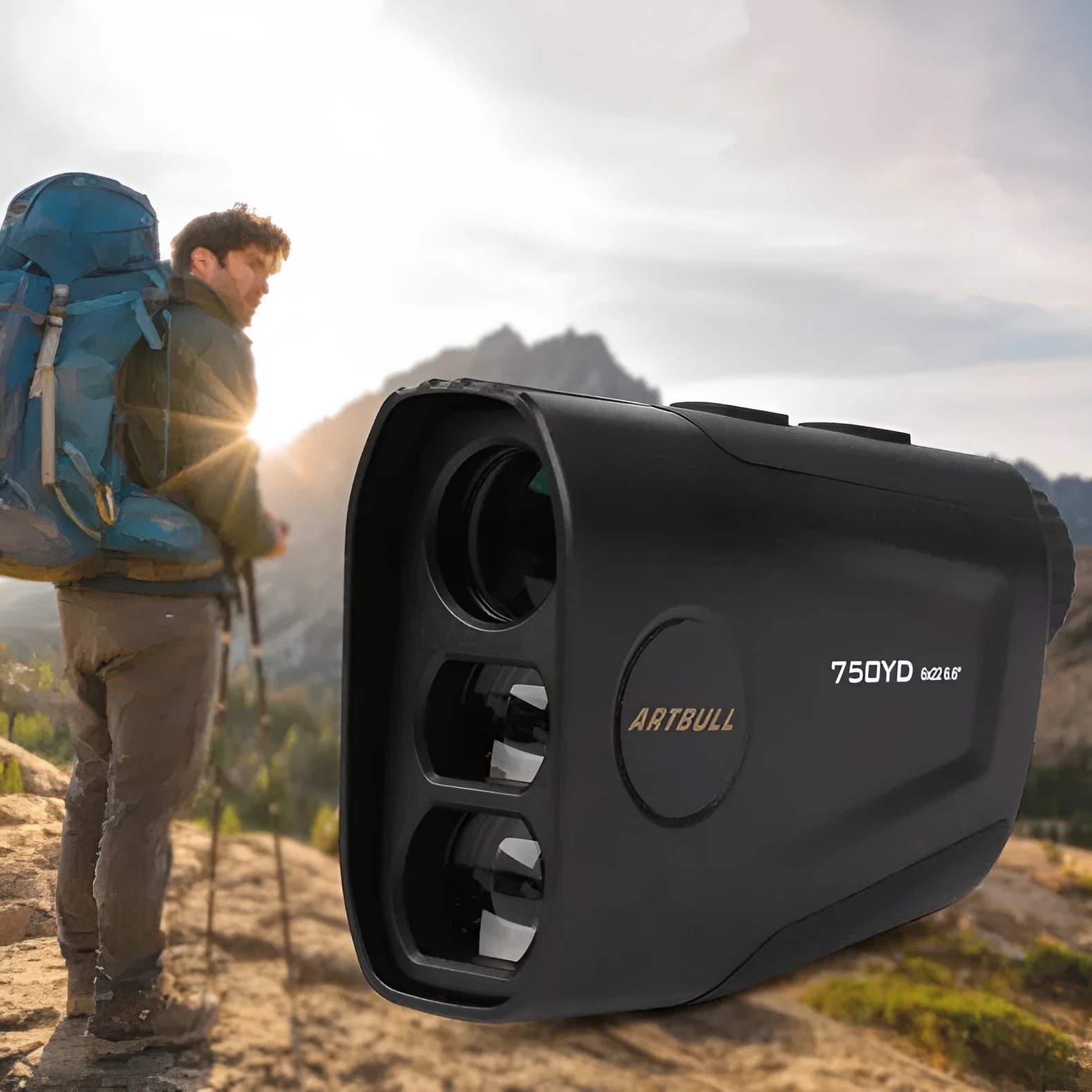 Rechargeable golf laser rangefinder with LCD display showing 750 yard range and flag lock vibration feature