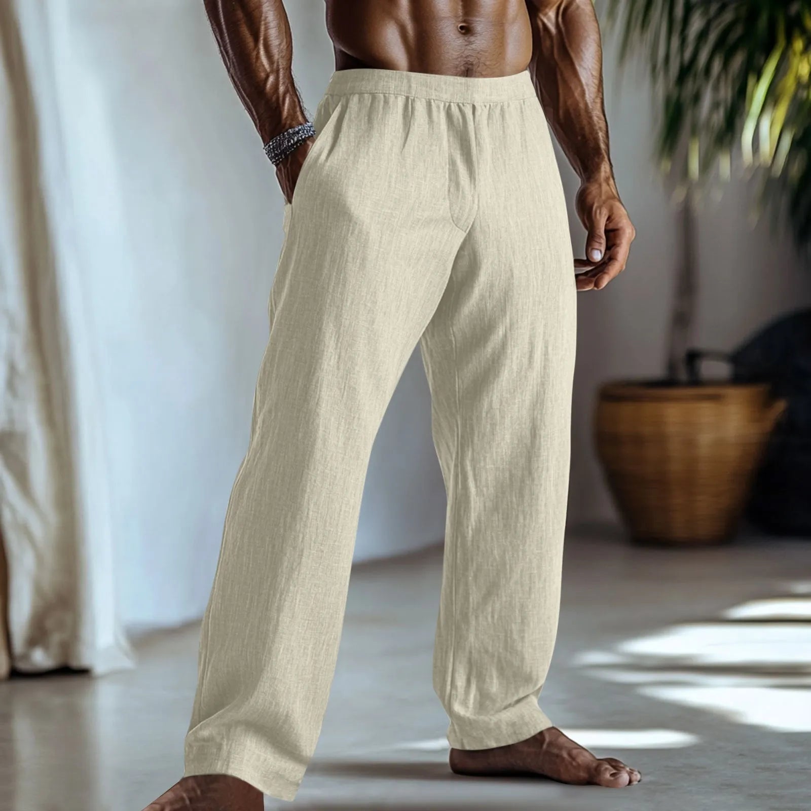 Cotton and linen straight leg casual trousers in light green with British styling and pocket details