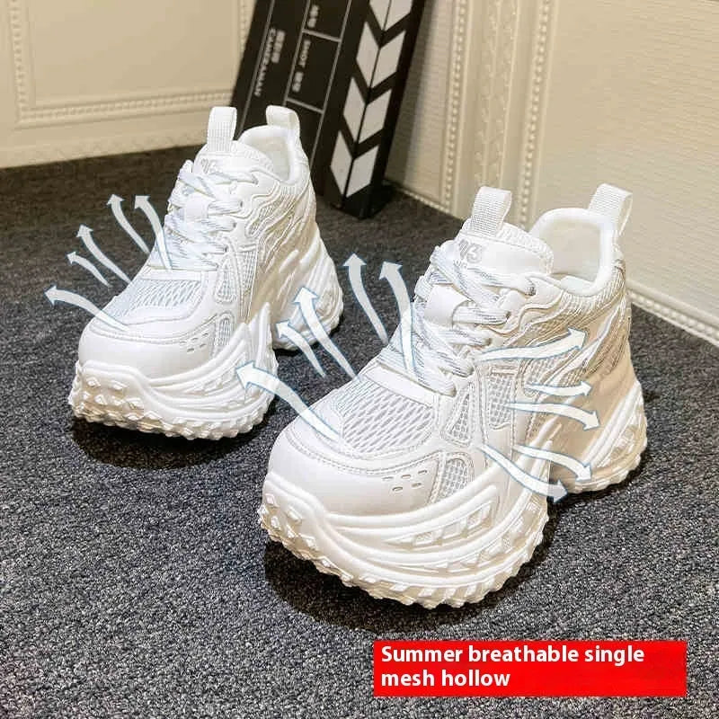 White women's height increasing dad shoes with lace-up front and round toe.