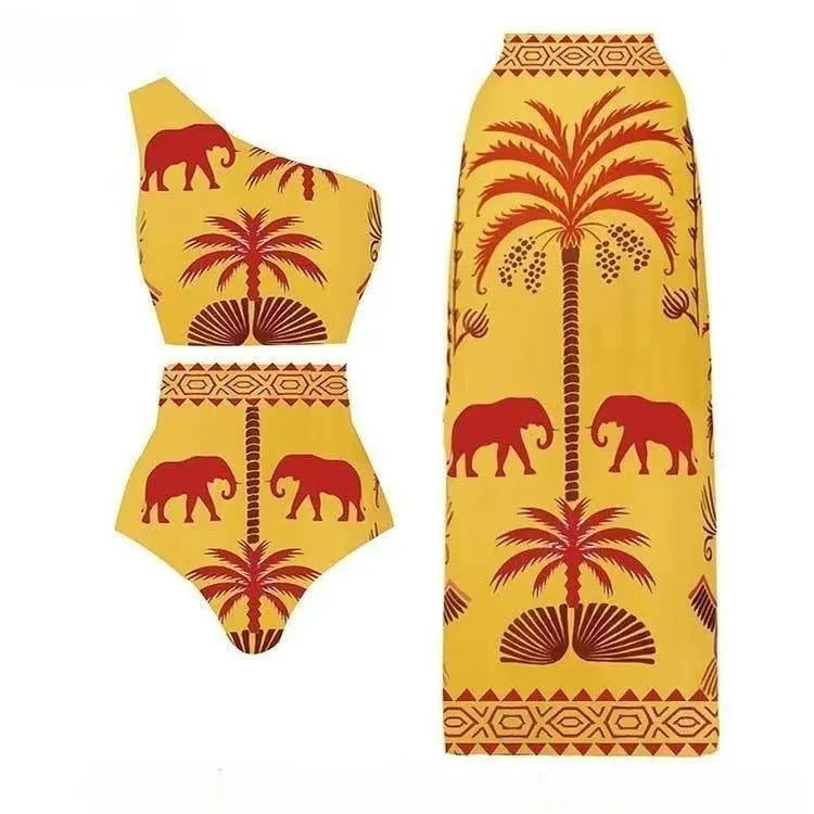 Women's one-piece swimsuit in multiple colours and styles including black, yellow, and printed designs