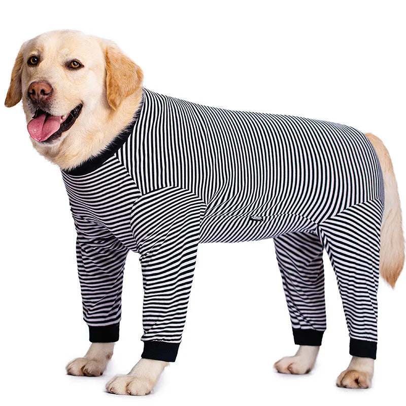 Striped four-legged dog shirt on a mannequin showing sky blue, black dark blue stripe, and brown colour options.