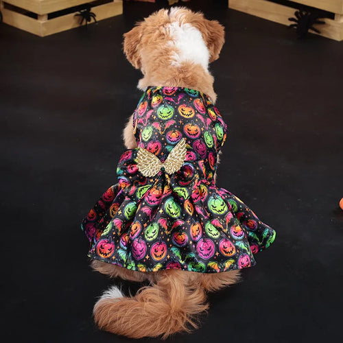 Orange or black angel wings Halloween costume for a dog, made from polyester.
