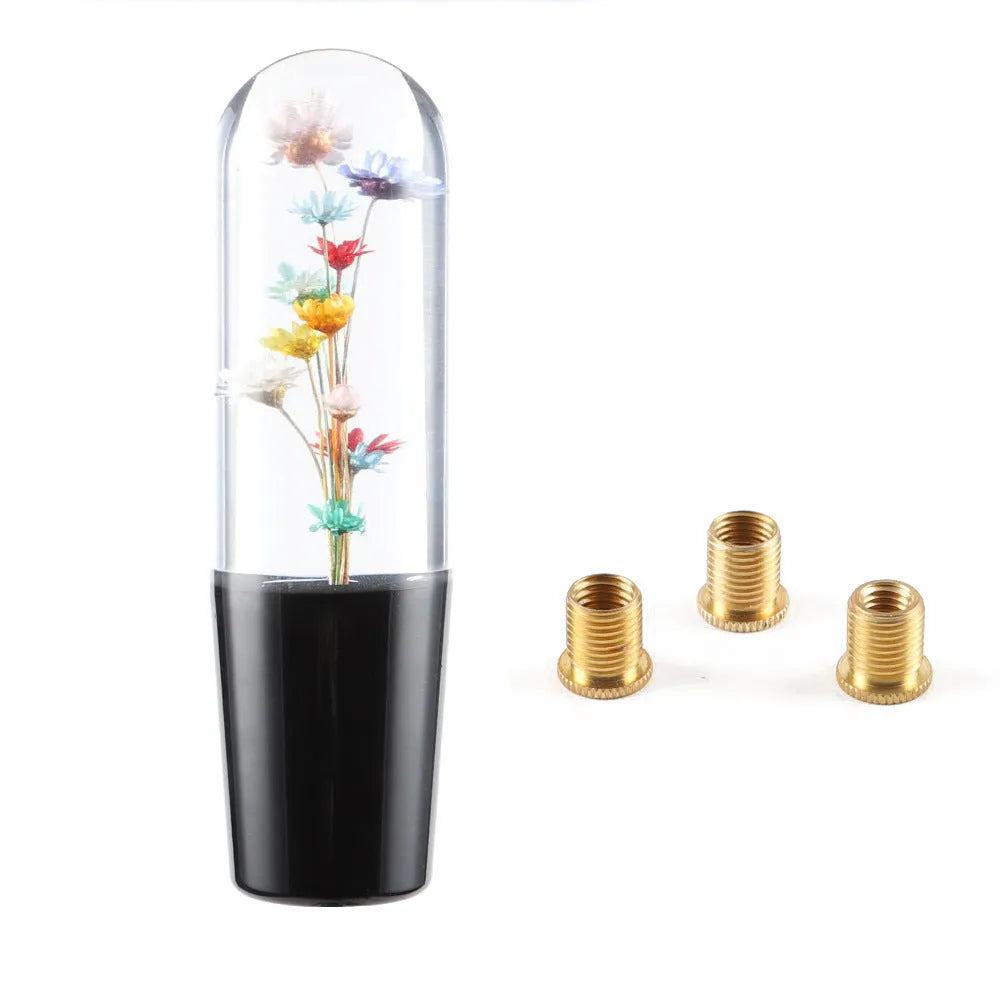 15cm transparent crystal car gear head with water flower design, shown with three metal adapters.