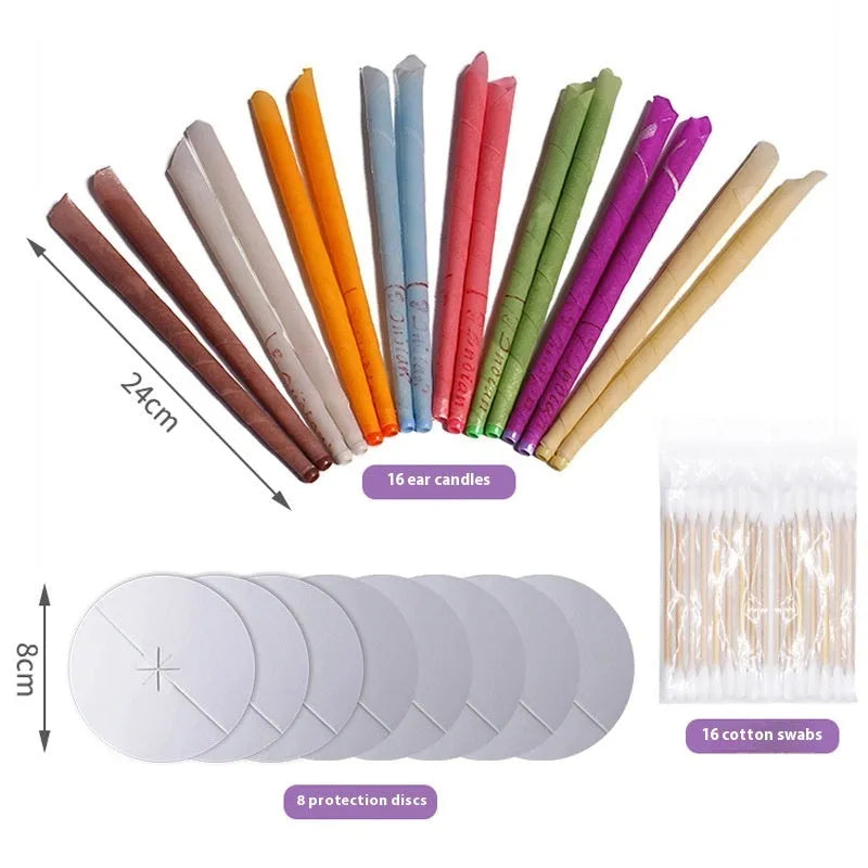 Ear candles health massage set with 16 cotton cloth candles, 8 protection boards, and 16 cotton swabs