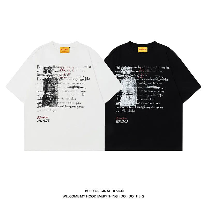Men's black and white pure cotton T-shirt with printed letters, raglan sleeves, and loose retro hip hop style