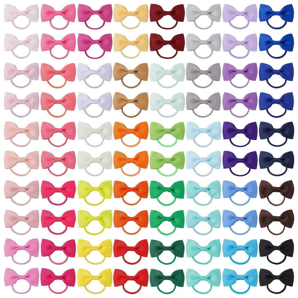 80 multi-coloured baby hair ties with grosgrain ribbon bows for infants and toddlers
