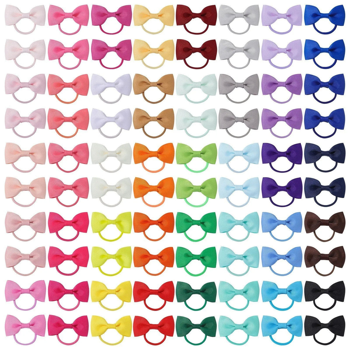 80 multi-coloured baby hair ties with grosgrain ribbon bows for infants and toddlers