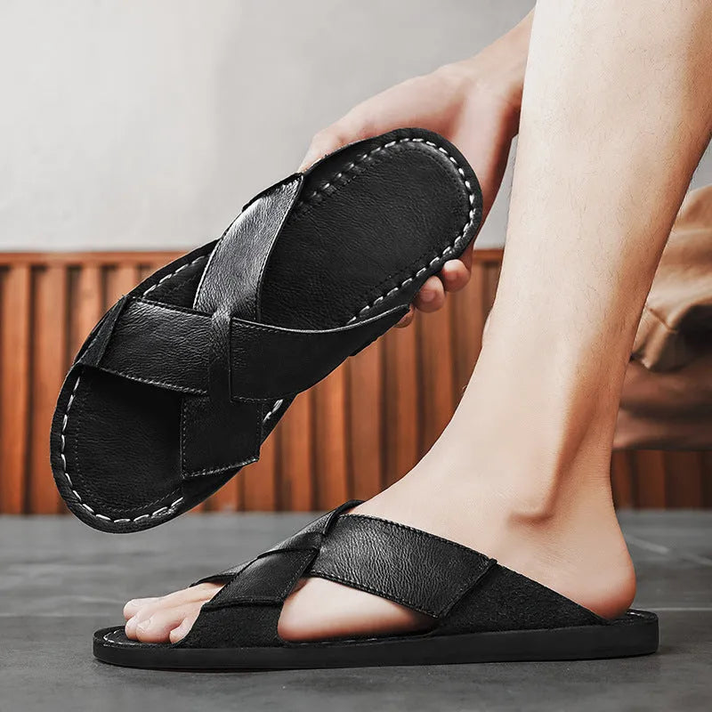 Men's genuine pigskin leather slip-on sandals with frosted finish and rubber sole