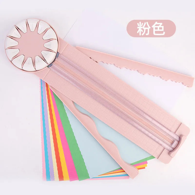 Pink plastic 12-in-1 manual paper cutting machine for decorative edges on craft paper