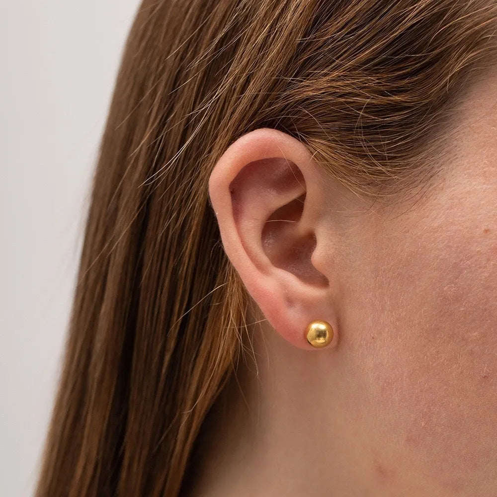 Minimalist 18K gold plated titanium steel ball stud earrings in 3mm, 4mm, 5mm, and 6mm sizes for women.