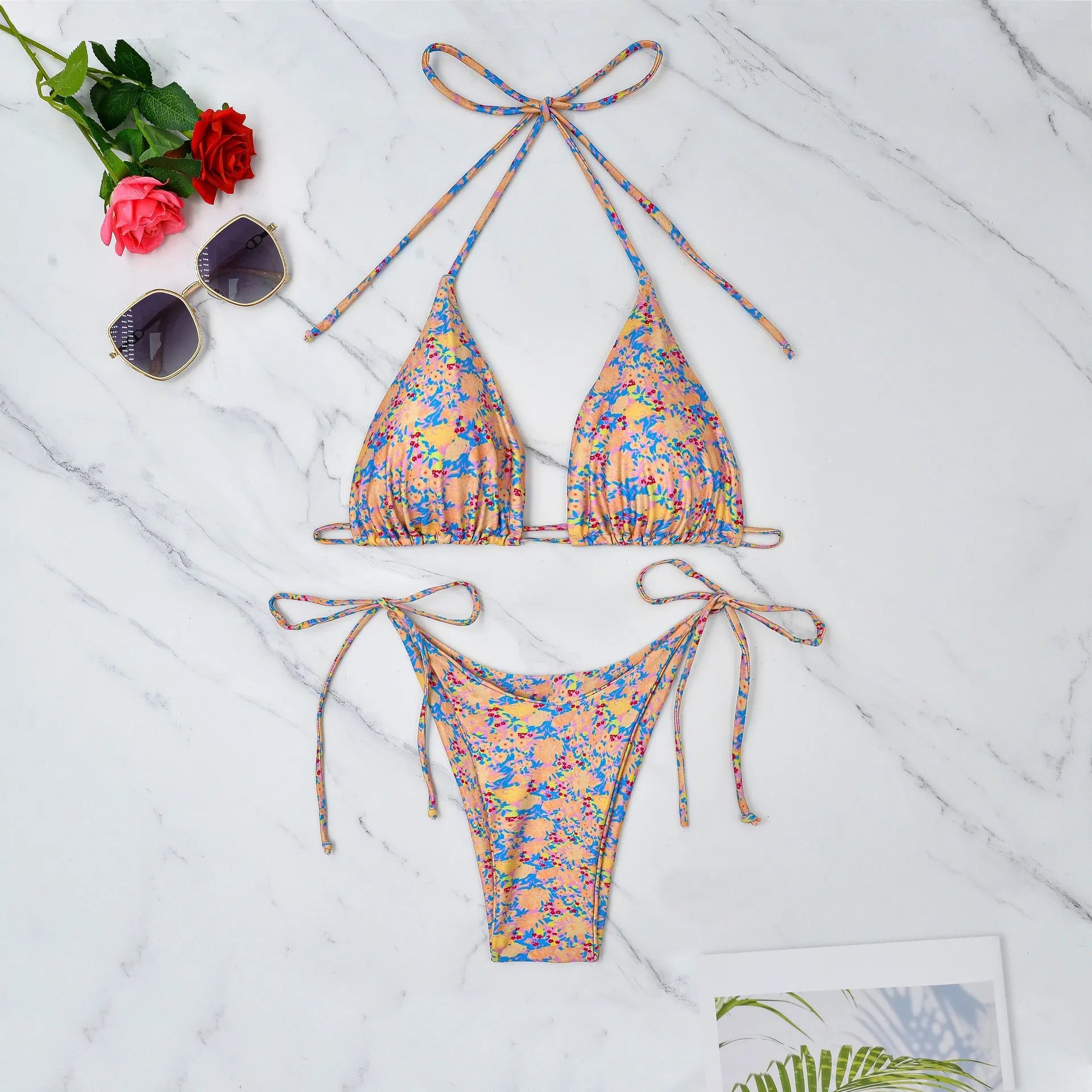 Women's lace-up bikini swimsuit with backless design and adjustable ties in European styling