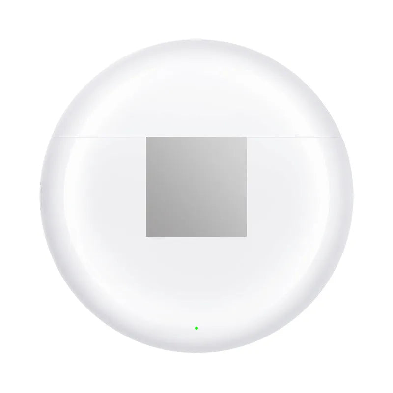 White Budz5 wireless Bluetooth earbuds with charging case on a grey background.