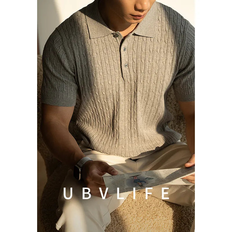Men's khaki short sleeve business-casual top for office and commute wear.