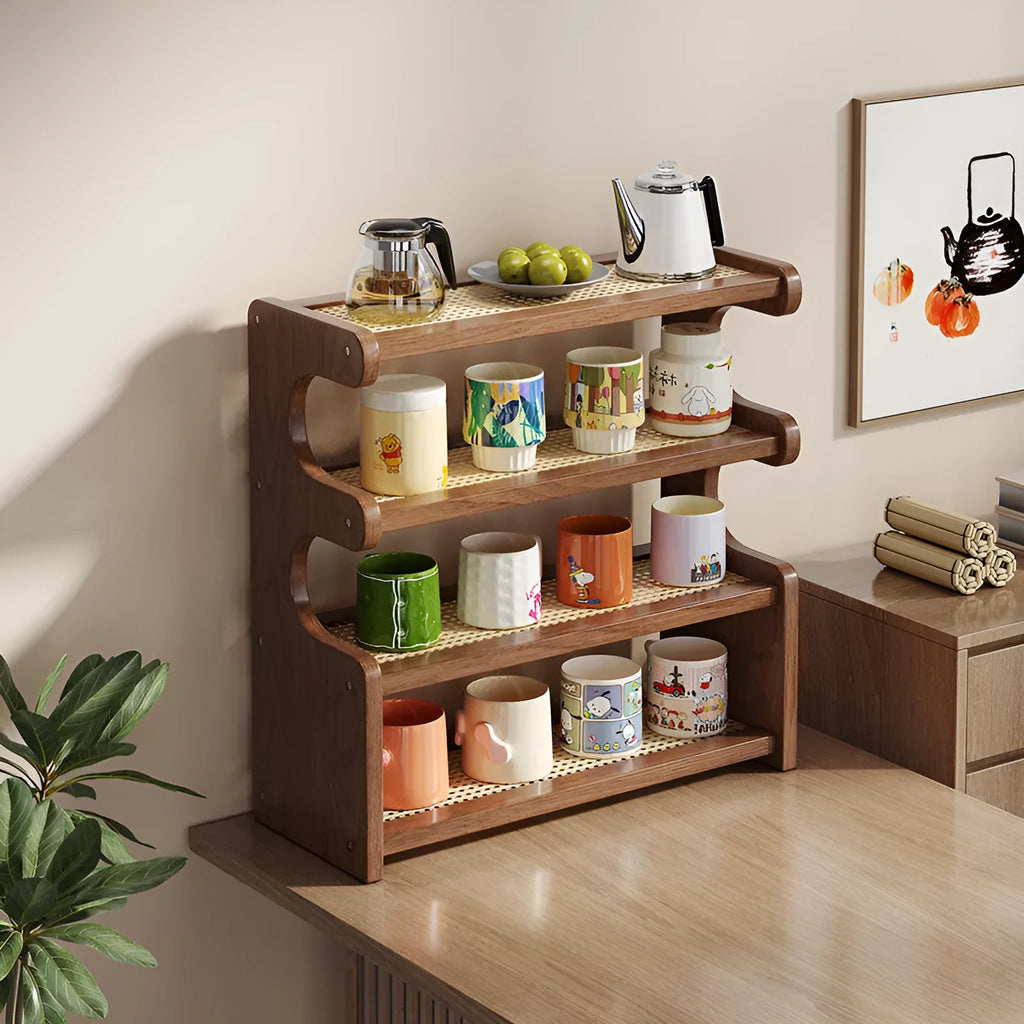 4-layer bamboo density plate storage rack in 46 style with arc cup holder for desktop or countertop use