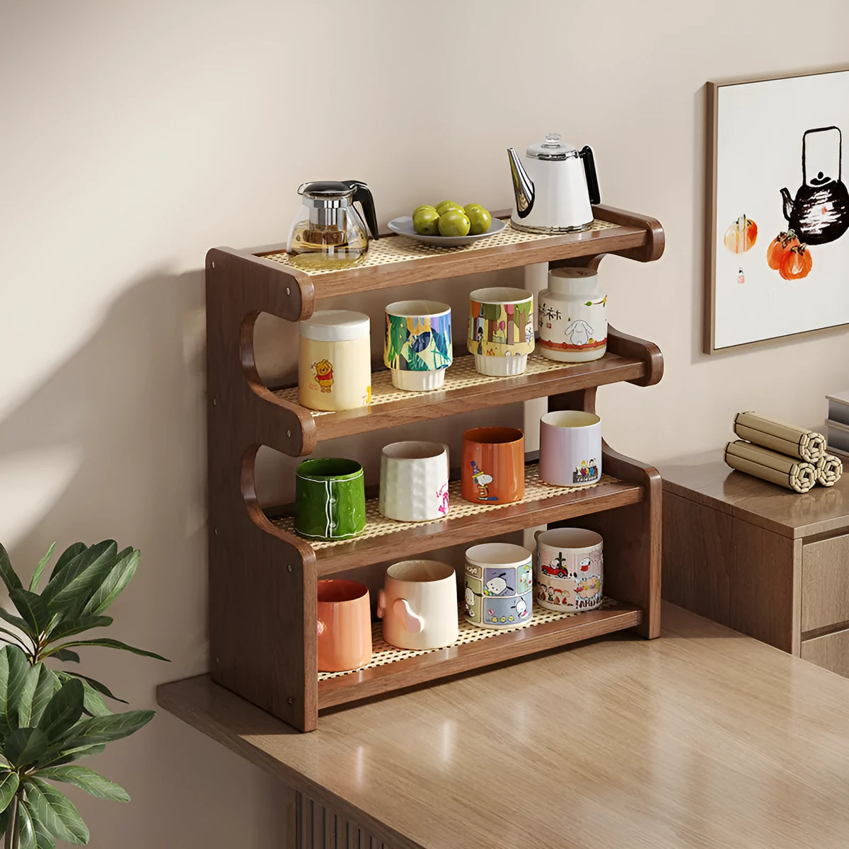 4-layer bamboo density plate storage rack in 46 style with arc cup holder for desktop or countertop use